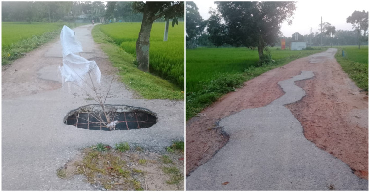 ঠাকুরগাঁওয়ের রুহিয়ায় সড়কের বেহাল দশা চলাচলে দুর্ভোগ: কালভার্টের গর্তে দুর্ঘটনার আশঙ্কা
